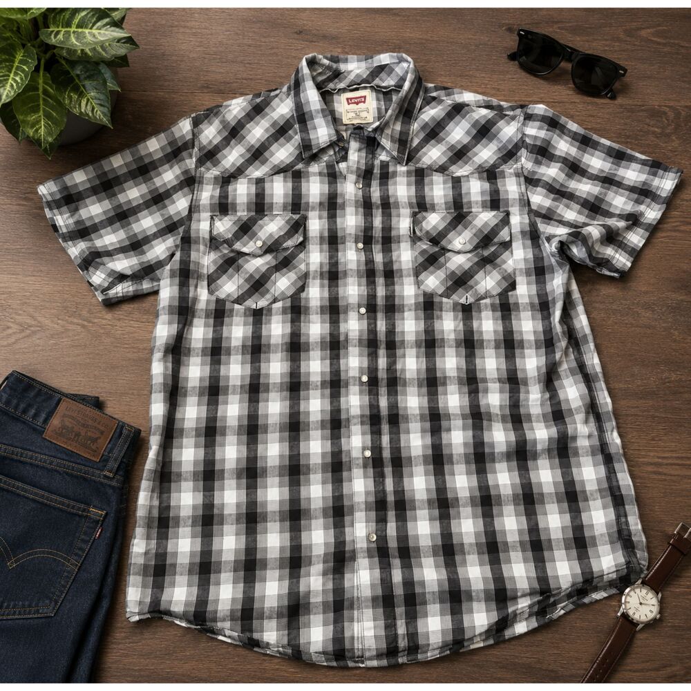 Levis Shirt Mens Extra Large Short Sleeve Button Up Pockets Plaid (466m)